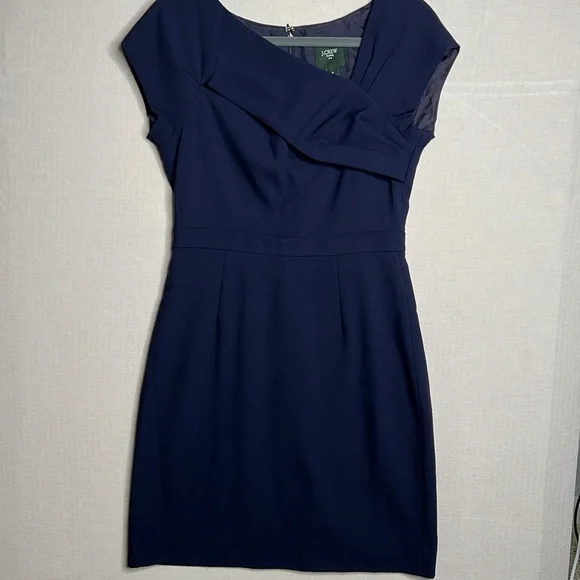 J.Crew Asymmetrical Neck Line Wool Cap Sleeves Dress Size 4 Navy Blue - Picture 2 of 8